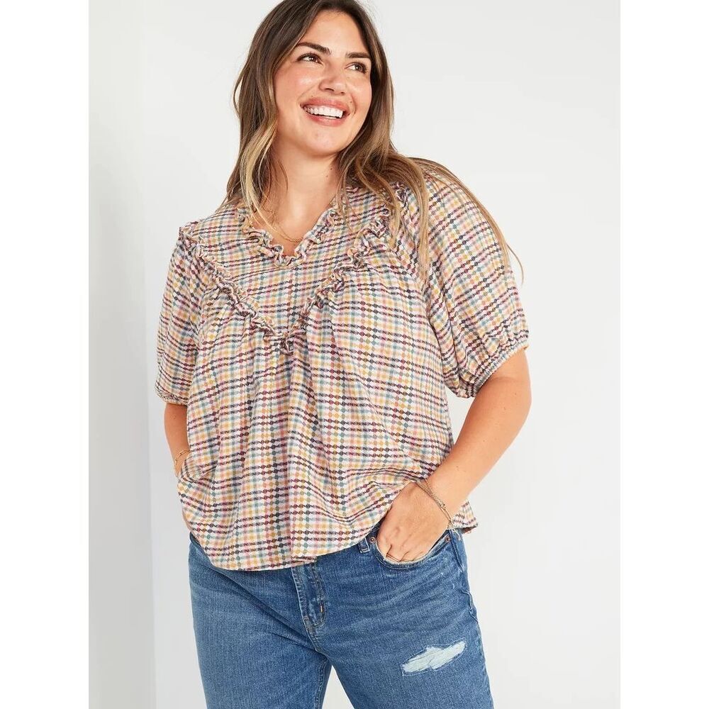 Old Navy Checkered Puff Sleeve Top Large V Neck Button Keyhole Vintage Cream Yel